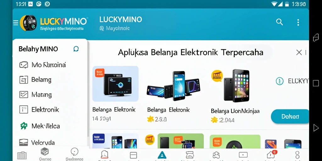 Tampilan antarmuka pengguna LUCKYMINO dengan kategori elektronik.
