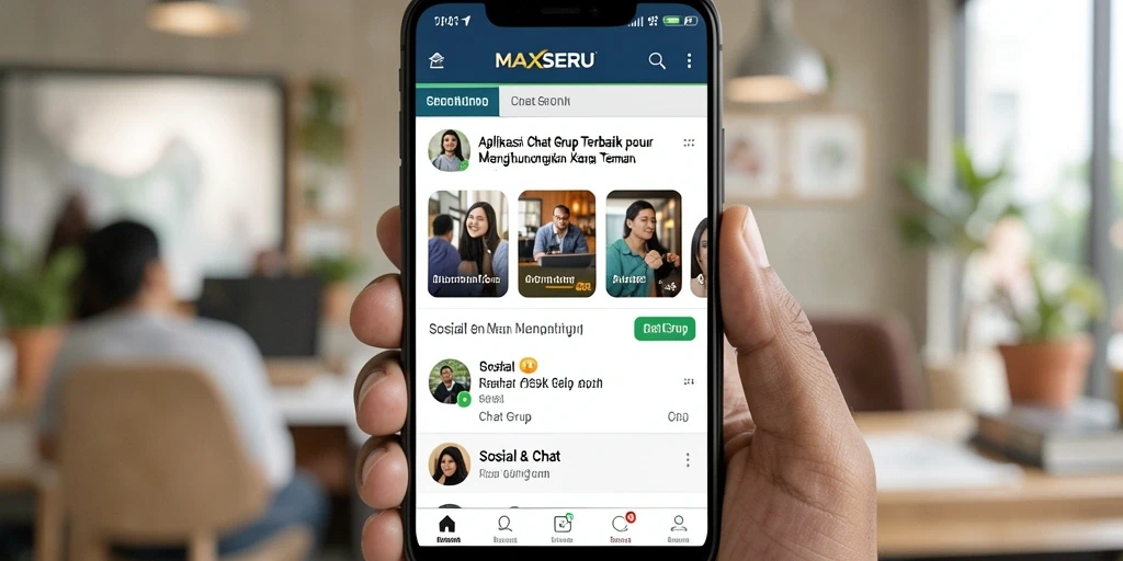 Tampilan antarmuka pengguna MAXSERU yang menarik dan fungsional untuk Chat Grup.